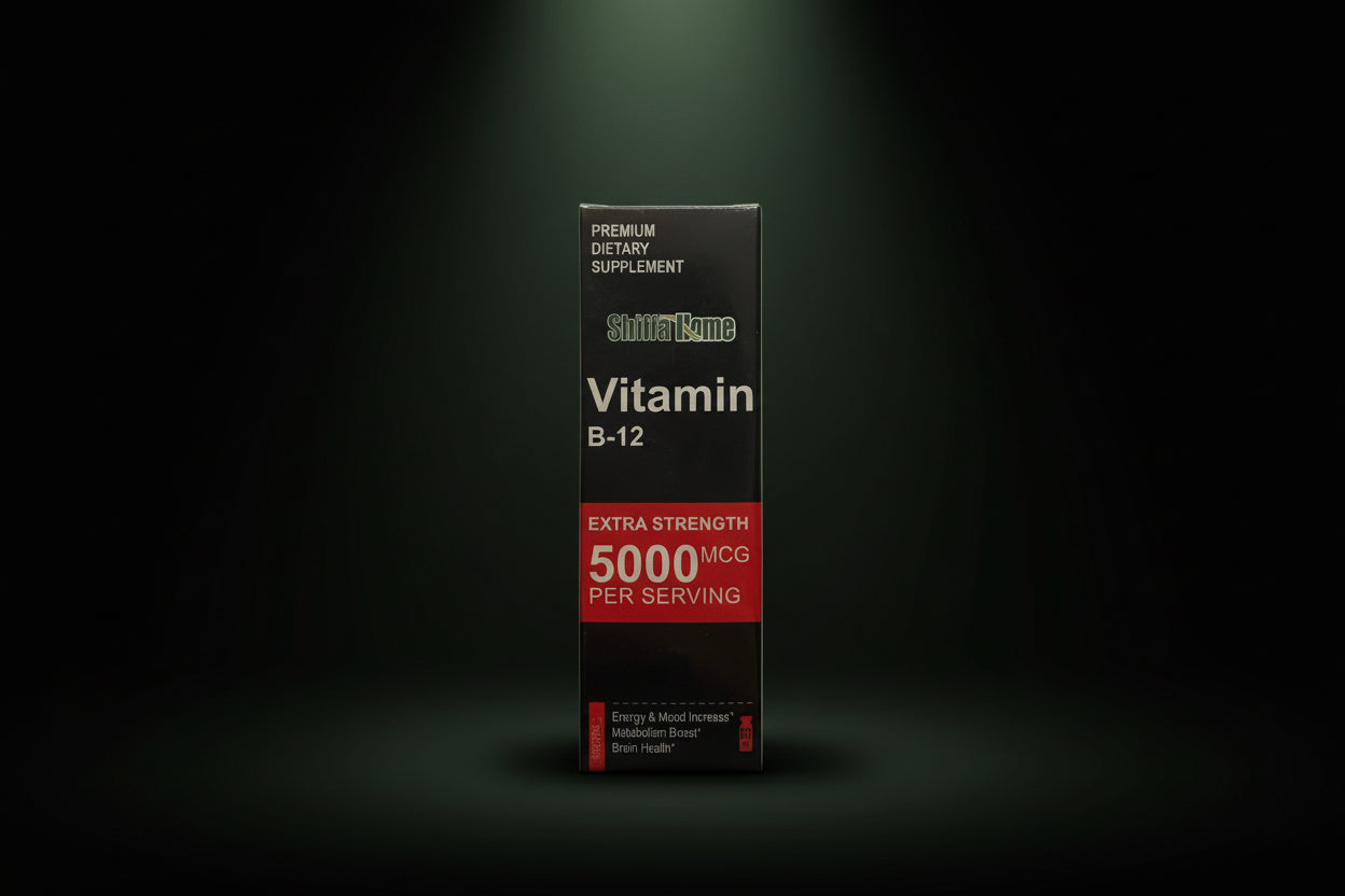 A bottle of Shiffa Home Vitamin B12 Drops, with a label indicating 'Premium Dietary Supplement' and a dosage of 5000mcg per serving.